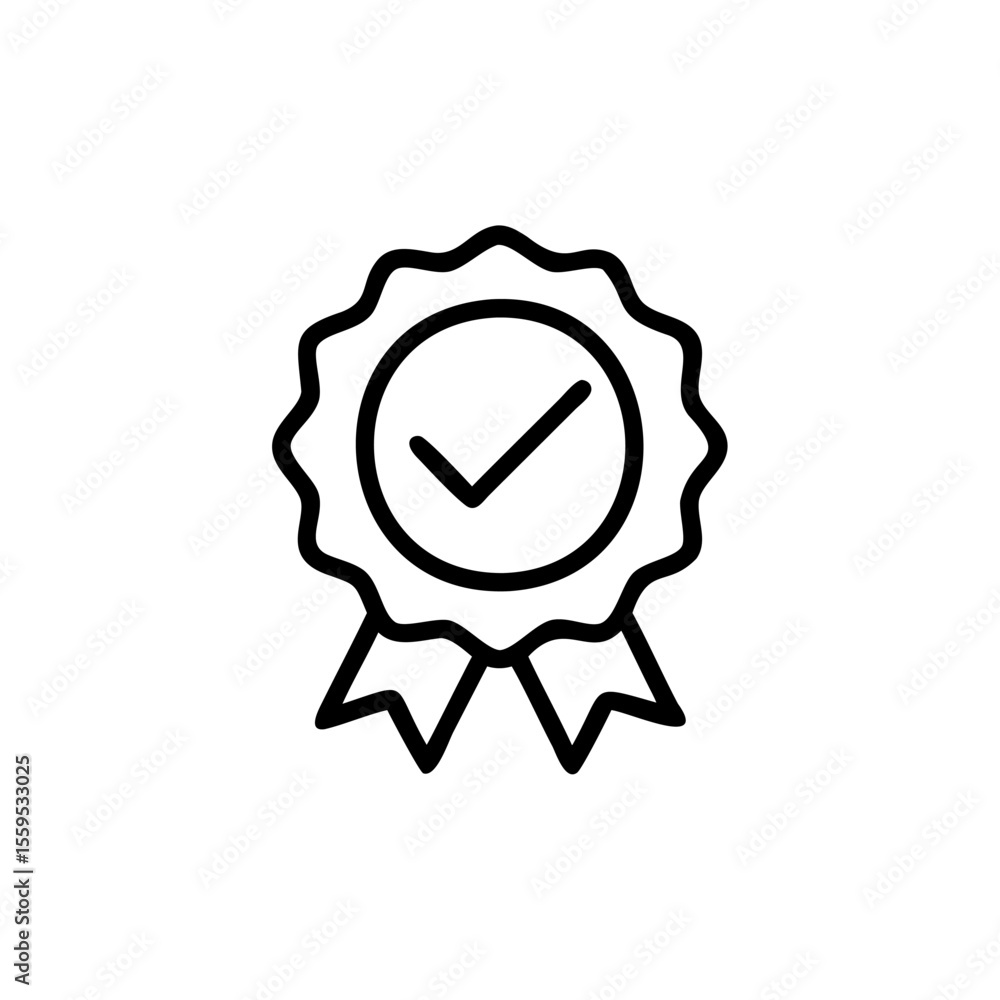 Poster outline award badge icon with checkmark inside a circle ribbon elements on background