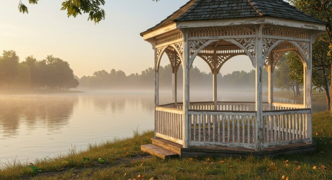 Peaceful gazebo by a misty lake at dawn
