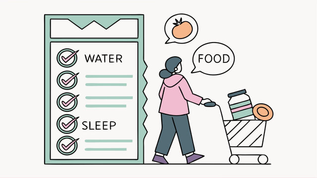 A person with a shopping cart filled with groceries walks past a checklist of essential healthy habits like drinking water and getting enough sleep