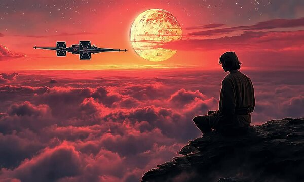 A lone figure sits on a precipice, gazing at a vibrant sunset over a celestial expanse, with a starfighter in the background