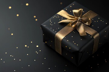 Luxurious black present with golden ribbon in 3D, minimal black backdrop, holiday celebration vibe