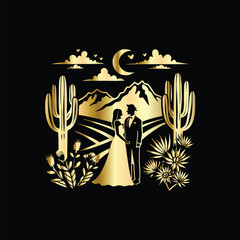 Wedding invitation card design. Couple in desert landscape. Silhouette of a man and a woman on the background of mountains and cactuses. Vector illustration.