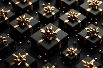 Luxurious black gift boxes with golden bows and shimmering golden spheres arranged in 3D pattern