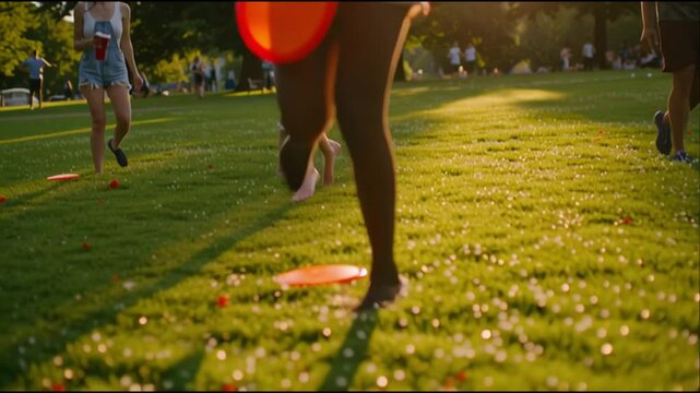 Friends enjoy a sunny afternoon playing frisbee in the park surrounded by green trees and laughter