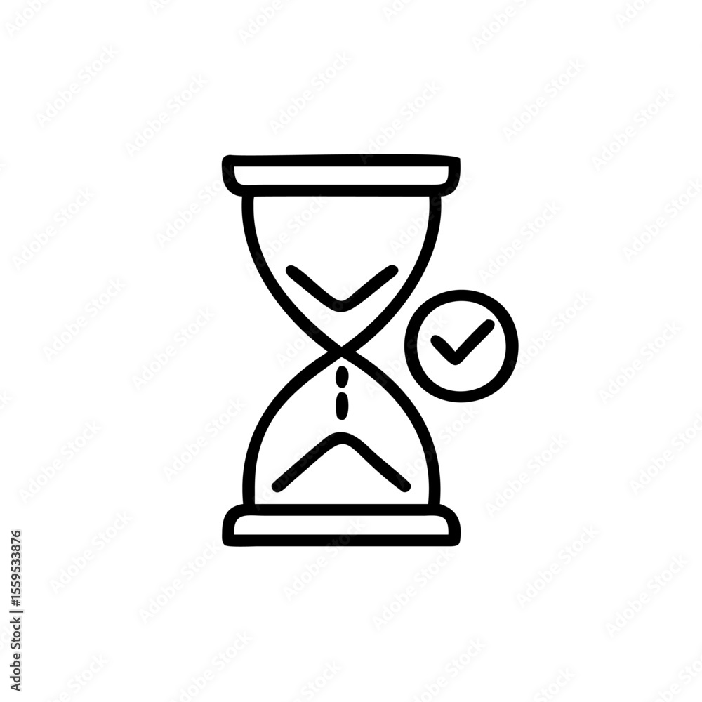 Aufkleber outline hourglass icon with checkmark symbol on background representing time management