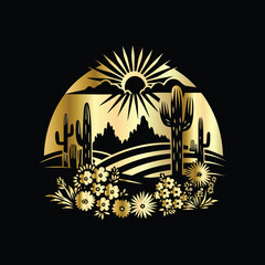 Wedding invitation card design. Couple in desert landscape. Silhouette of a man and a woman on the background of mountains and cactuses. Vector illustration.
