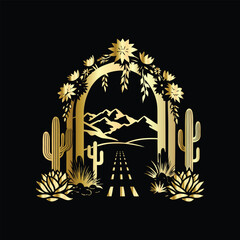 Wedding invitation card design. Couple in desert landscape. Silhouette of a man and a woman on the background of mountains and cactuses. Vector illustration.