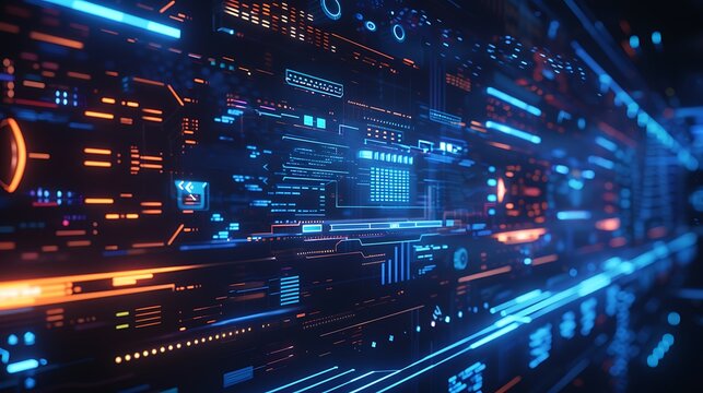 Futuristic digital interface with glowing blue and orange data streams - Powered by Adobe