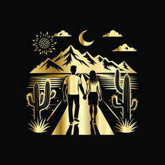Wedding invitation card design. Couple in desert landscape. Silhouette of a man and a woman on the background of mountains and cactuses. Vector illustration.