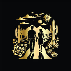 Wedding invitation card design. Couple in desert landscape. Silhouette of a man and a woman on the background of mountains and cactuses. Vector illustration.