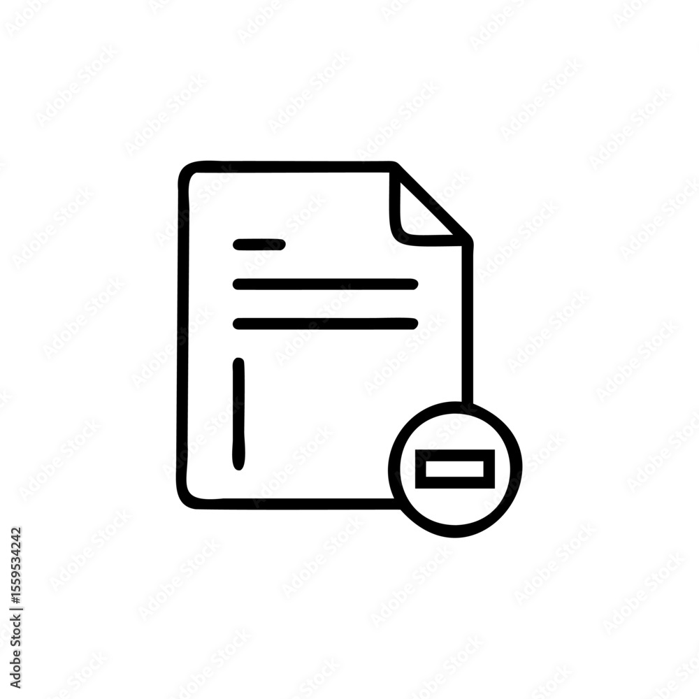 Poster handdrawn document icon with minus sign inside a circle on background file paper