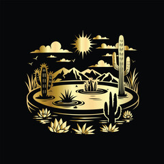 Wedding invitation card design. Couple in desert landscape. Silhouette of a man and a woman on the background of mountains and cactuses. Vector illustration.
