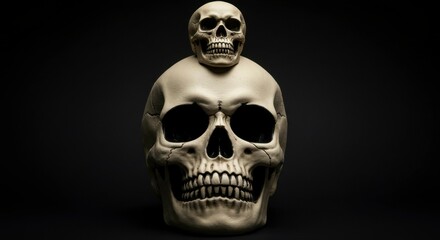 Obraz premium A smaller skull rests atop a larger one against a stark black backdrop. The image is a study in contrasting sizes and dark tones