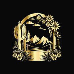 Wedding invitation card design. Couple in desert landscape. Silhouette of a man and a woman on the background of mountains and cactuses. Vector illustration.