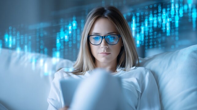 accounting student watching fintech tutorial on tablet, new technology for financial analysis