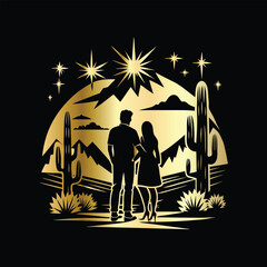 Wedding invitation card design. Couple in desert landscape. Silhouette of a man and a woman on the background of mountains and cactuses. Vector illustration.