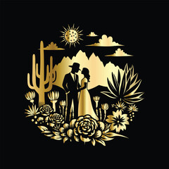 Wedding invitation card design. Couple in desert landscape. Silhouette of a man and a woman on the background of mountains and cactuses. Vector illustration.