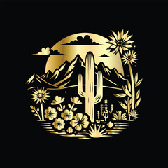Wedding invitation card design. Couple in desert landscape. Silhouette of a man and a woman on the background of mountains and cactuses. Vector illustration.