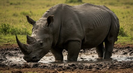 Large Rhinoceros Wading Muddy Pool