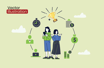 Business team. Cartoon vector illustration of men and women of various ages and body types wearing casual clothes. Isolated on a plain background.