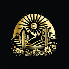 Wedding invitation card design. Couple in desert landscape. Silhouette of a man and a woman on the background of mountains and cactuses. Vector illustration.