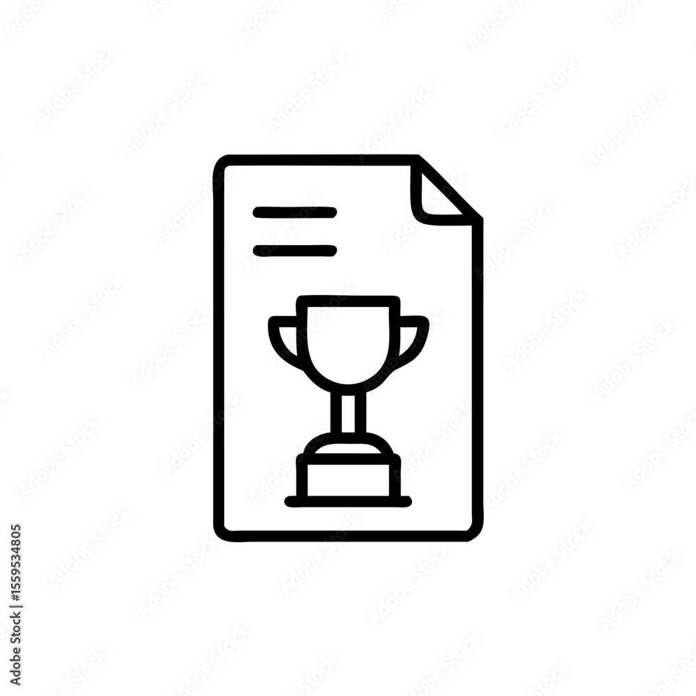 Poster handdrawn icon of a trophy on a document with lines on a background award paper