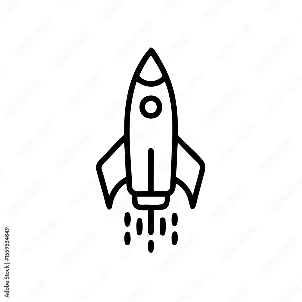 Poster handdrawn rocket with flames a circular window on a background for space travel spaceship