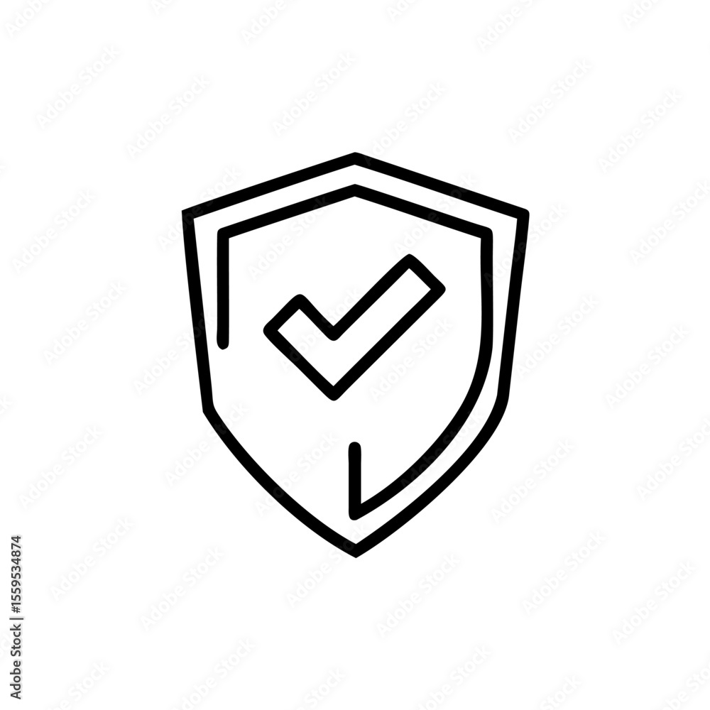 Poster shield icon with checkmark inside on background handdrawn tick protection