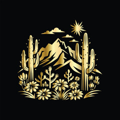 Wedding invitation card design. Couple in desert landscape. Silhouette of a man and a woman on the background of mountains and cactuses. Vector illustration.