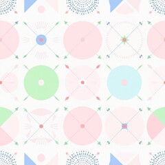 Geometric Harmony: A seamless pattern of geometric shapes, circles, and lines forms a visually engaging design, rendered in a soft pastel palette with an artistic touch.