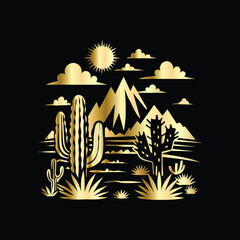 Wedding invitation card design. Couple in desert landscape. Silhouette of a man and a woman on the background of mountains and cactuses. Vector illustration.