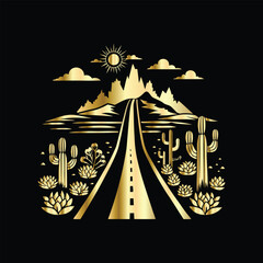 Wedding invitation card design. Couple in desert landscape. Silhouette of a man and a woman on the background of mountains and cactuses. Vector illustration.
