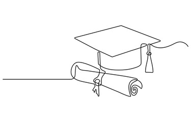 One continuous line drawing of graduation hat. Concept of student of university college and school. Doodle vector illustration, cap and diploma one line continous vector illustration, hand drawn line 