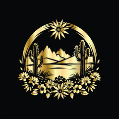 Wedding invitation card design. Couple in desert landscape. Silhouette of a man and a woman on the background of mountains and cactuses. Vector illustration.