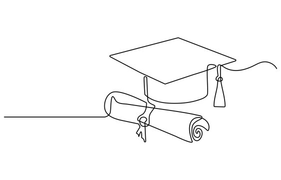 One continuous line drawing of graduation hat. Concept of student of university college and school. Doodle vector illustration, cap and diploma one line continous vector illustration, hand drawn line