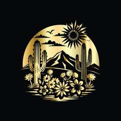 Wedding invitation card design. Couple in desert landscape. Silhouette of a man and a woman on the background of mountains and cactuses. Vector illustration.