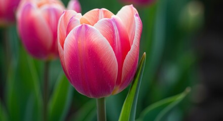 Fototapeta premium A vibrant pink and peach tulip stands out, its petals delicately layered, against a blurred background of green foliage and other tulips