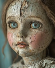 Close-up of a vintage, weathered doll's face with cracked paint and large eyes