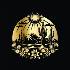 Wedding invitation card design. Couple in desert landscape. Silhouette of a man and a woman on the background of mountains and cactuses. Vector illustration.