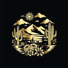 Wedding invitation card design. Couple in desert landscape. Silhouette of a man and a woman on the background of mountains and cactuses. Vector illustration.