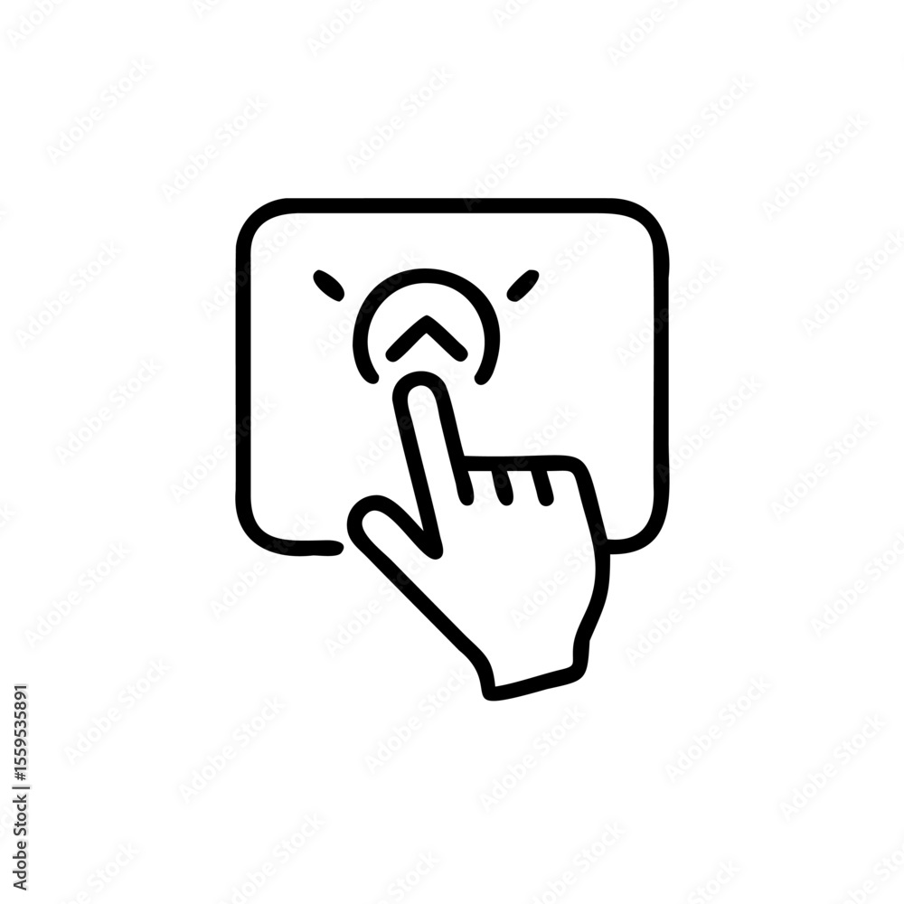 Poster hand touching a button with an upward arrow icon on a background finger