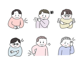 ゆるかわいい手描き風の高齢男性／体と心の不調