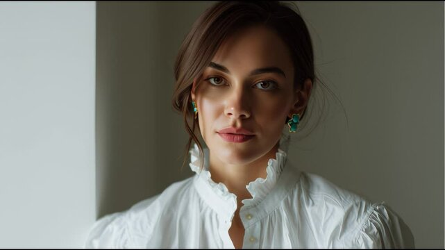 Elegant woman wearing statement earrings in a bright, minimalistic setting, showcasing modern style and beauty