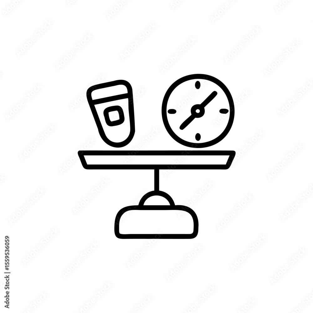 Poster line art of a scale with a coffee cup a clock on a background time