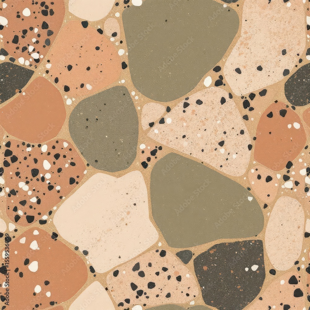 Poster terrazzo floor design: a close-up of a terrazzo floor exhibits an intricate pattern of blended miner