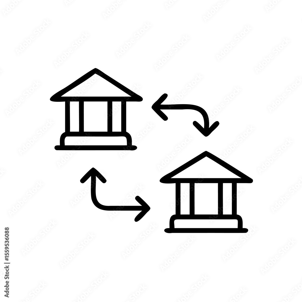 Aufkleber handdrawn icon of two buildings connected by arrows illustrating a circular process