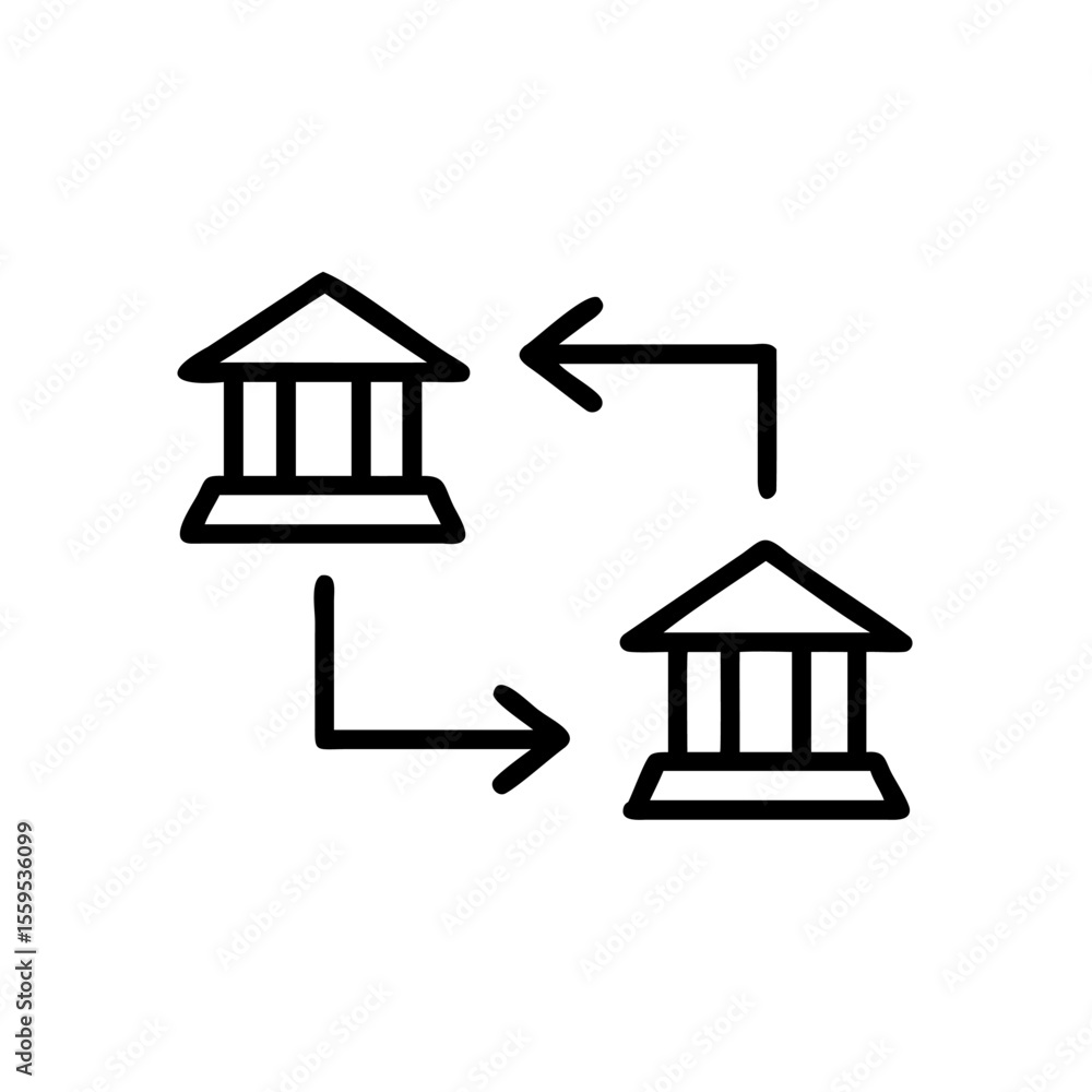 Poster line art of two buildings with arrows indicating a circular transaction or exchange