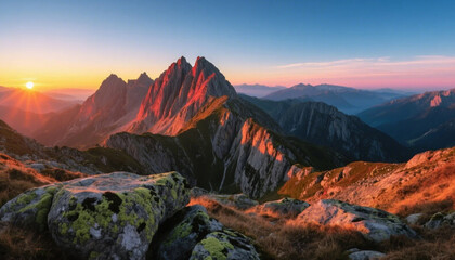 Snow-capped peaks glow under a fiery sunset, painting the winter mountain landscape with an breathtaking view