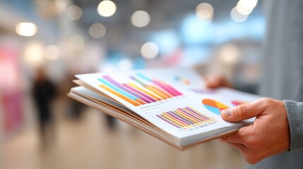 Hands Holding Open Report with Colorful Charts and Graphs in Office Space