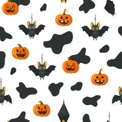Seamless Halloween pattern with ghost, skull, pumpkin and bats.